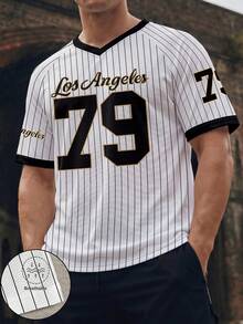 Manfinity Gritte Field 男士 Los Angeles 79 號條紋網眼 V 領運動球衣，快乾透氣棒球短褲 - 彩色 - 查看 5