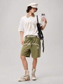 Manfinity Streetrush Men's Casual Loose Waistband Print Drawstring Summer Shorts - Army Green - View 8