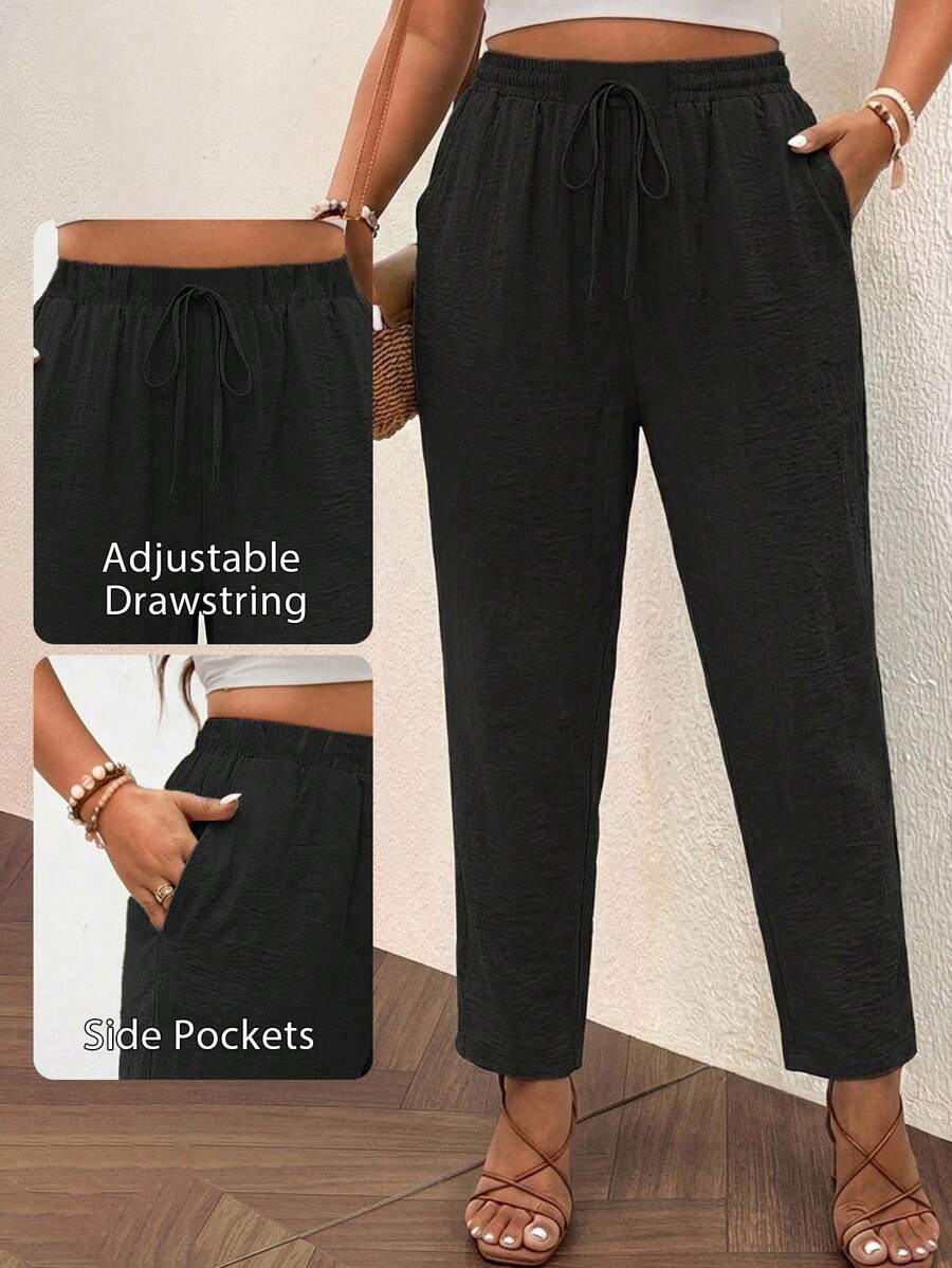 SHEIN Frenchy Casual Minimalist Black Plus Size Pants, Suitable For Summer Fall - Black - View 1