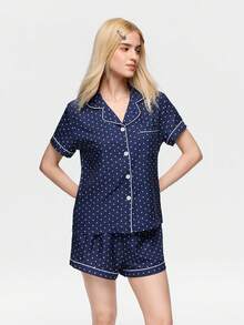 Bonmuse 2件套迷你波点印花女士夏季撞色滚边Polo领纽扣上衣和蝴蝶结短裤睡衣家居服套装，适合居家穿着 - 寶藍色 - 查看 3
