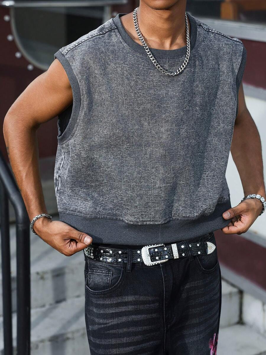 QuarKem Men's Street Style Casual Pullover Dark Grey Denim Vest - Dark Grey - View 1