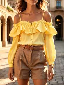 Glimmora Women's Elegant Daily Solid Color Ruffle Off-Shoulder Front Button Shirt Vacation Yellow Autumn - Yellow - View 6