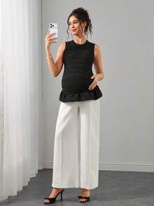 Momance Comfortable Slimming Maternity Set, High Elasticity Ruched Ruffle Top Paired With Four-Way Stretch Wide Leg Pants, Elegant Luxury Old Money Style Maternity Outfit 2-Piece Set - Multicolor - View 6