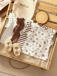SHEIN Vintaside Kids 3件組女嬰夏季新款簡約百搭甜美可愛舒適親膚彈性嬰兒休閒外出上衣，粉色、杏色素色與條紋荷葉袖背心上衣，適合外出、度假、旅行及日常穿著 - 棕色 - 查看 7