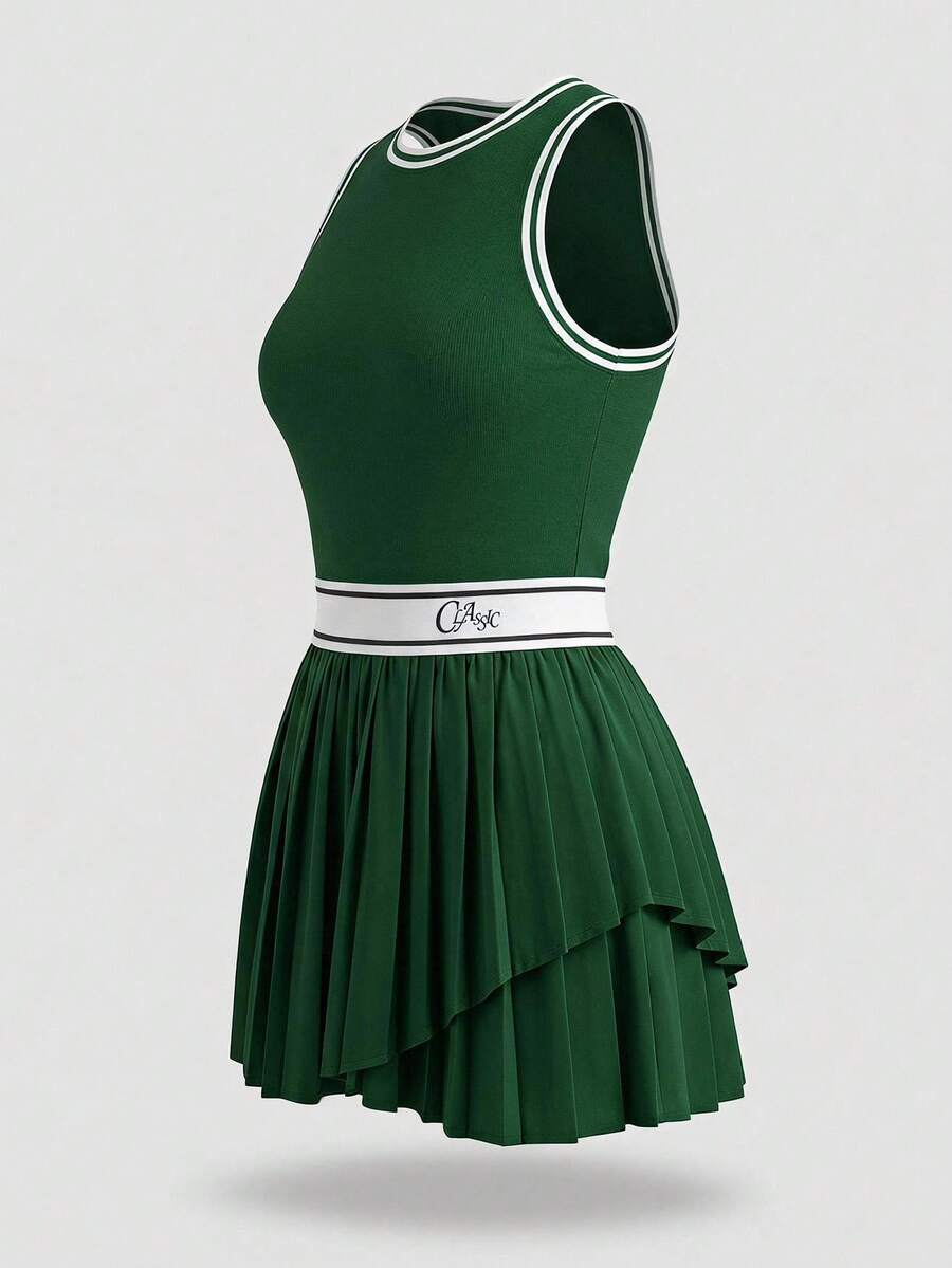 SHEIN Cheerettes 女式字母印花条纹圆领褶边无袖运动连衣裙 - 綠色 - 查看 1