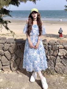 Bijouette Plus Size Women's Floral Print Ruffle Ruffle Adjustable Strap A-Line Dress Suitable For Dates Evening Wedding Blue And White Summer Elegant - Blue and White - View 14