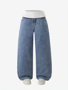 SHEIN 青少年女孩新款休閒時尚復古懷舊水洗磨損寬腿牛仔褲 - 藍色 - 查看 3