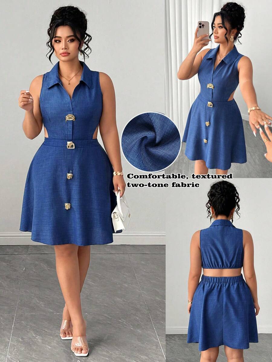 Orbivine Plus Size Women Spring/Summer Solid Color Lapel Sleeveless Cinched Waist Asymmetric Hollow Back A-Line Fashion Metal Button Decor Light Luxury Elegant Party Dress - Blue - View 1
