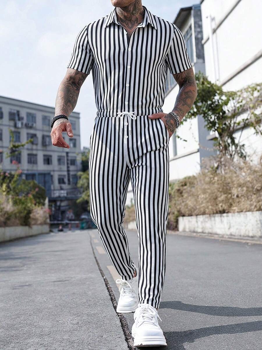 Manfinity Homme Men's Striped Short Sleeve Drawstring Waist Pocket Jumpsuit - Multicolor - View 1