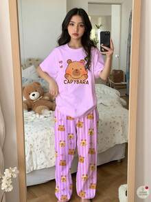 Tween女孩休閒可愛水豚圖案 紫色條紋圓領短袖長褲寬鬆居家睡衣套裝 2件組，圖案印花、柔軟舒適 - 彩色 - 查看 1