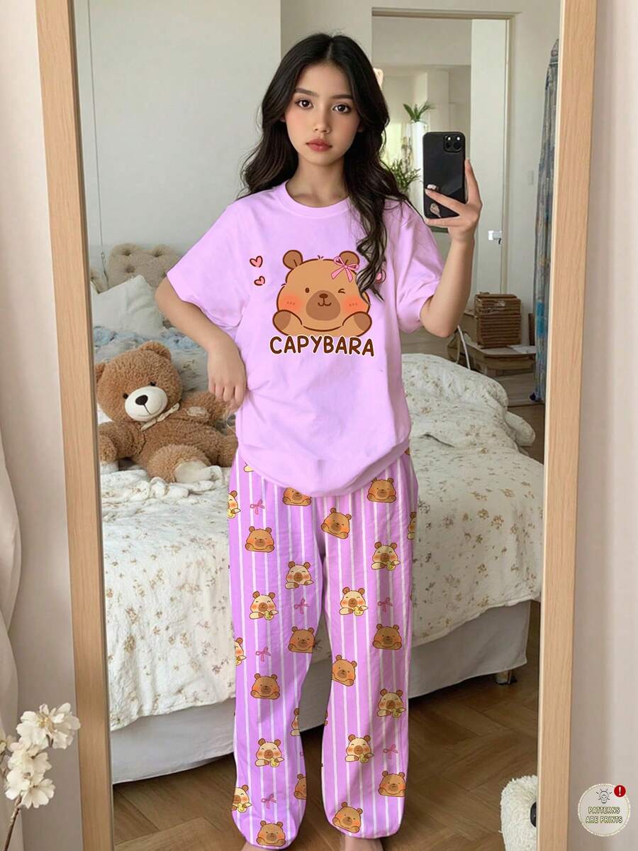 Tween女孩休閒可愛水豚圖案 紫色條紋圓領短袖長褲寬鬆居家睡衣套裝 2件組,圖案印花、柔軟舒適 - 彩色 - 查看 1