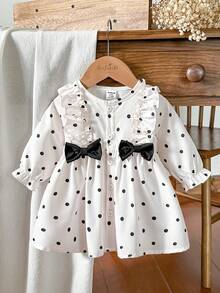 SHEIN Vintaside Kids Cute Baby Girl Red And White Polka Dot Dress, With Bow Decoration, Ruffle Long Sleeve Front Button Casual Soft Comfortable Fabric, Spring Autumn Wear - Black and White - View 10