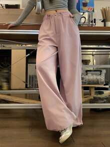DAZY Pantaloni lunghi da donna a gamba ampia e morbida, tinta unita, casual, per vacanze estive e scuola - Rosa - Visualizzare 8