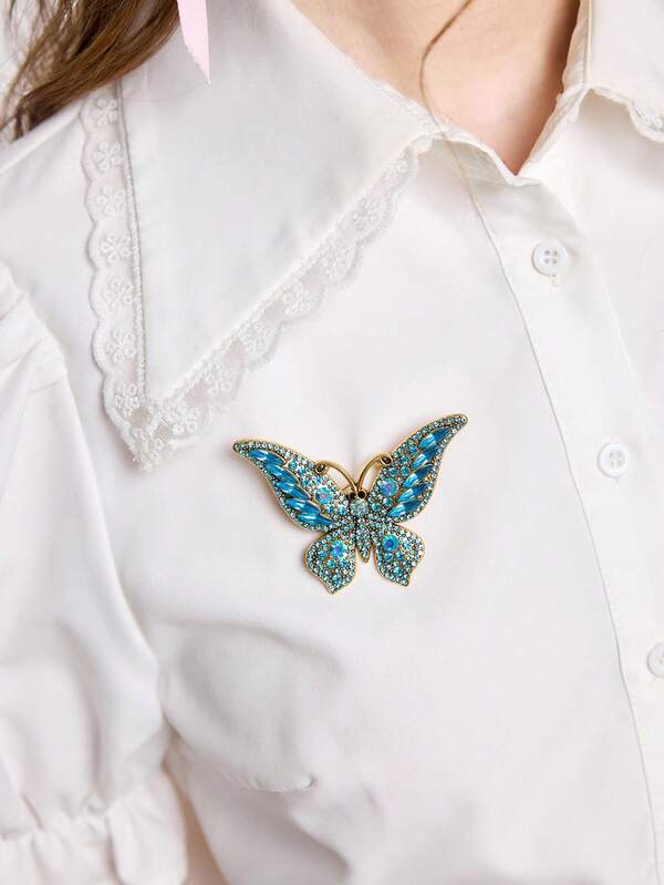 ROMWE Fairycore 1pc Fashionable Elegant Colorful Vibrant Crystal Butterfly Brooch, Suitable For Party, Gathering, Casual & Versatile Wear