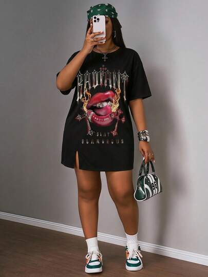 Slaydiva Y2K/Street Style/Street Sweet/Internet Celebrity Hot /Daily Date/Hot Girl Style/Sexy/Nightclub/Back To School/Outing/Hip Hop/Internet Viral/Decadent Style/Lip Cross Pattern Plus Size Dress