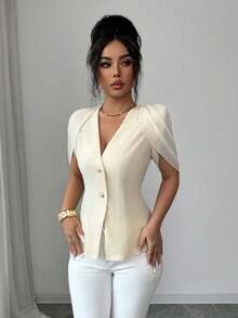 SHEIN Elenzya 女士优雅浪漫修身西装外套，V领设计，褶裥收腰 - 杏色 - 查看 5