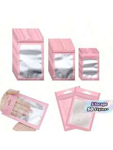50pcs Pink Packaging Bags, Clear Display Bags For Hanging Accessories, Self-Sealing Bags For Cables, Cosmetics, Holographic Packaging Bags - red - View 1