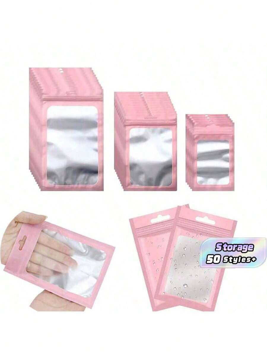 50pcs Pink Packaging Bags, Clear Display Bags For Hanging Accessories, Self-Sealing Bags For Cables, Cosmetics, Holographic Packaging Bags - red - View 1