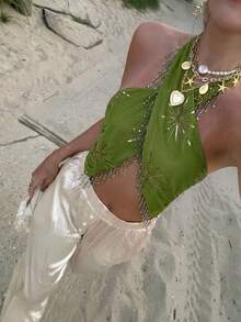 Lumalex Women's Tassel Decor Fashion Versatile Date & Travel Halter Top - Green - View 3