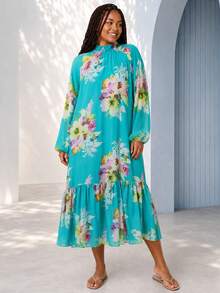 ELLERISSA Vestido midi de talla grande con cuello alto, mangas raglán, cintura caída y estampado floral turquesa - Multicolor - Ver 1