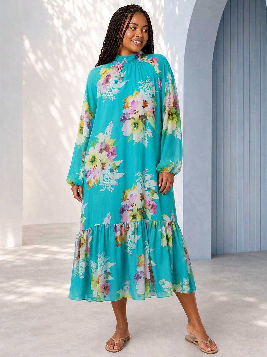 ELLERISSA Vestido midi de talla grande con cuello alto, mangas raglán, cintura caída y estampado floral turquesa - Multicolor - Ver 1