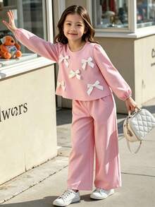 Back To School Young Girl Xiyin 4-7Y 2-Piece Set, 3D Ribbon Bow Detail Puff Long Sleeve Blouse Top With Pink Wide Leg Pants, Spring/Autumn Cute Sweet Fashion Princess Style Outfit, Y2K Aesthetic Daily Campus Play Casual Set - Pink - View 4