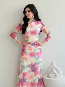 Yasmeen Edit Yasmeen Edit 新款花卉网眼印花派对长袖修身连衣裙，度假风格，秋冬 - 杏色 - 查看 6