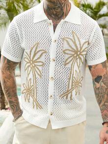 VENTUSAIL Men's Plus Size Vacation Casual Coconut Tree Hollow Knit Top - White - View 5