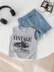 SHEIN 2pcs Baby Boy Summer Casual Street Chic Car Graphic Tank Top And Denim Shorts Set - Multicolor - View 6