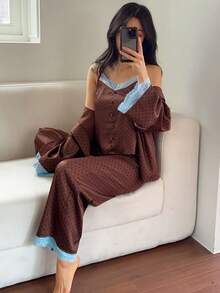 DAZY 女款波點圖案對比蕾絲袖口晨袍、背心與長褲時尚睡衣套裝 - 棕色 - 查看 5