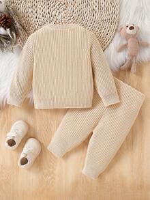 SHEIN Baby Boys Embroidered Knit Sweater & Pants Suit,Soft Summer Colour Palette,Autumn,Cute,Family Matching,Loose Fit Long Sleeve Christmas Outfit Set - Khaki - View 2