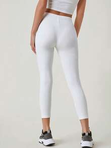 SHEIN BASICS 女款夏季純色彈性腰七分緊身褲 - 白色 - 查看 2