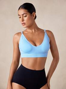 Veilyse Women's Wireless Bra And Detachable Breast Pad Solid Color Comfortable Bra - Baby Blue - View 4