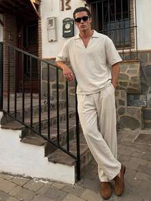 AXEPEAK Men's Casual Solid Color Shirt And Pants Set - Apricot - View 2