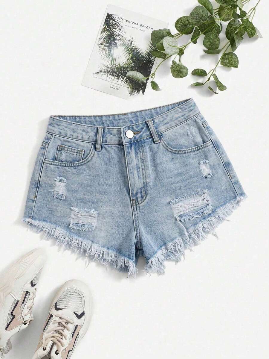 Plus Size Women Distressed Frayed Hem Denim Shorts - Light Wash - View 1