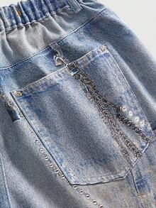 ROMWE Plus Size Women's Distressed Washed Chain & Badge Print Wide Leg Jeans - Blue - View 4
