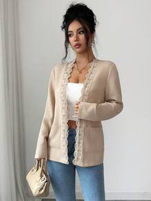 SHEIN Clasi 優雅法式通勤純色蕾絲飾邊夾克外套 米色 辦公室秋季款 - 杏色 - 查看 4