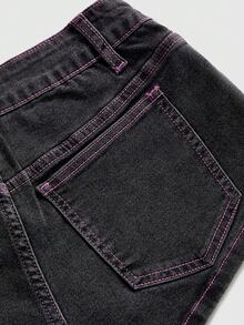 HELLO KITTY AND FRIENDS | ROMWE Kolaborasi Busana Musim Panas Gaya Y2K Hot Girl Celana Pendek Denim Mini Pinggang Sangat Rendah Kontras Hitam & Pink - Hitam - View 4