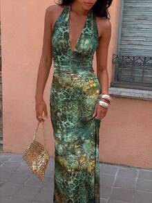 Aloruh Women's Vacation Mixed Material Patchwork Fitted Ruched Mini Dress Beach Vacation Green Leopard Print Summer Sexy Tropical - Multicolor - View 4