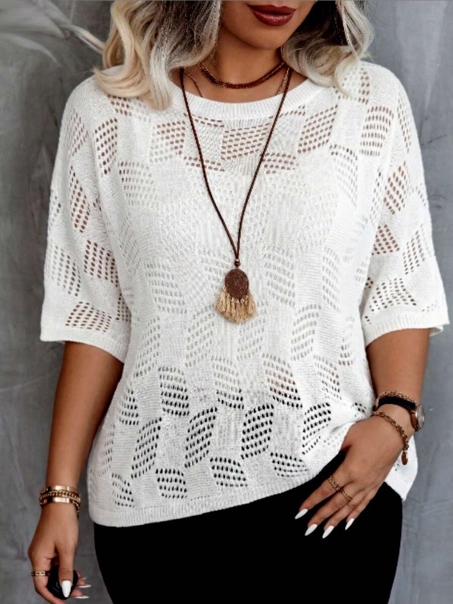 SHEIN LUNE Plus Size Women's Spring/Autumn 5-Sleeve Solid Color Hollow Out Loose Casual Top Batwing Sleeve Plaid Round Neck Pullover Knit Top