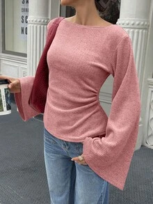 Elenzga 女款標準尺寸秋冬寬領落肩喇叭袖抓皺腰部花卉針織上衣時尚款 - 藕粉色 - 查看 4