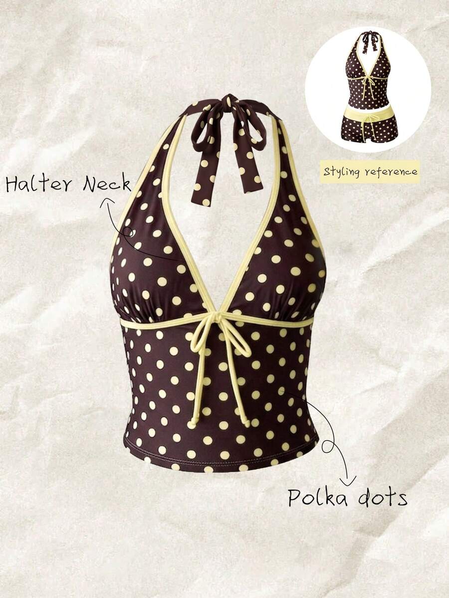 Elavelle Women's Halter Neck Sleeveless Polka Dot Tankini Top With Matching Short Bottom Set - Multicolor - View 1