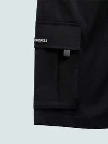 Plus Size Men's Casual Solid Color Drawstring Waist Cargo Shorts, Summer - Black - View 8