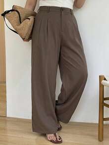 Dazy Plus Plus Size Women's Business Casual Solid Color Straight Leg Pants, Versatile Brown Autumn New Arrival Long Pants, All Season - Brown - View 3