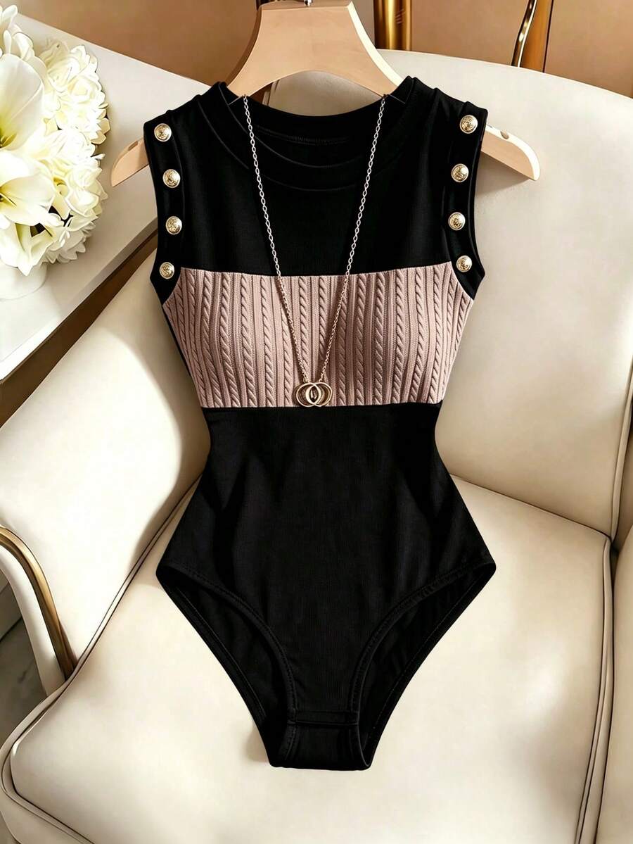 SHEIN Franclia 女款拼色休閒百搭日常穿著連身衣 - 黑色 - 查看 1
