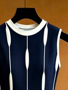 GlowEve CURVE Plus Size Women's Colorblock Round Neck Sleeveless Tank Top Print Casual Dress - Navy Blue - View 4