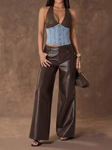 SHEIN Tall Women's Color Block Halter Neck Denim Corset Top - Light Wash - View 4