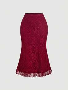 SHEIN MOD 女款蕾絲拼接細肩帶上衣與裙子性感約會套裝 - 酒紅色 - 查看 8