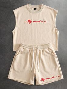 PAVTROS Men's Embossed Crew Neck Tank Top And Drawstring Waist Pocket Shorts Set - Khaki - View 2