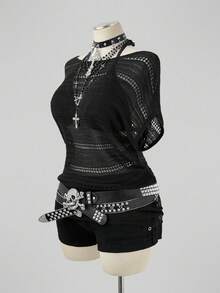 Sunspun French Style Exquisite Cinched Waist Square Neck Batwing Sleeve Hollow Out Off-Shoulder Unique Knit Top - Black - View 6